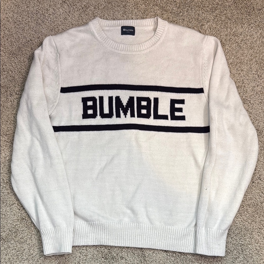 Bumble White Crewneck Sweater with Bold Bumble Text